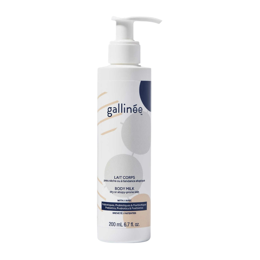 Frasco de Gallinée Hydrating Milk 200 ml, leche corporal hidratante con prebióticos y ácido láctico