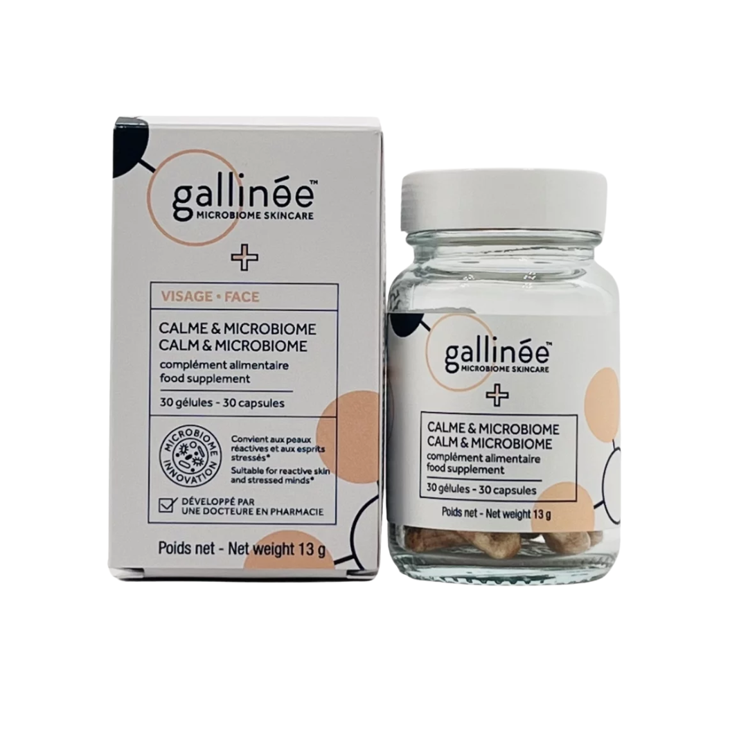 Envase de Gallinée Calm & Microbiome, complemento alimenticio de 30 cápsulas con probióticos y astaxantina