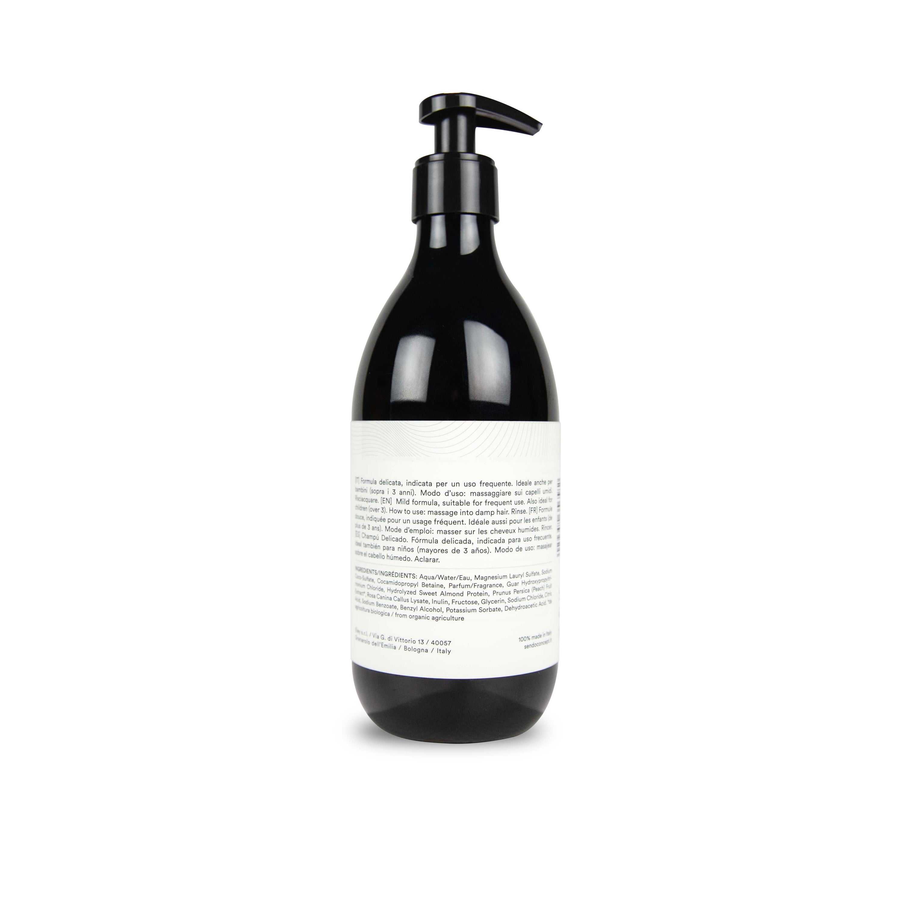 Etiqueta trasera del Champú Delicado Sendo de 500 ml con el listado de ingredientes