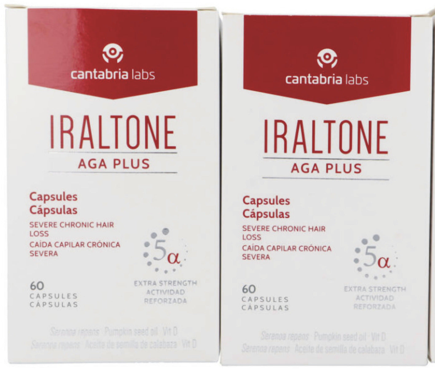 Duplo de Iraltone AGA Plus con los dos envases de 60 cápsulas