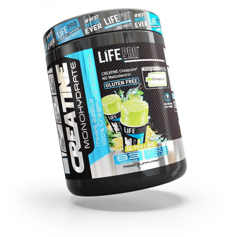 Bote de creatina Creapure Life Pro de 250 g sabor Ultra Lime visto en perspectiva