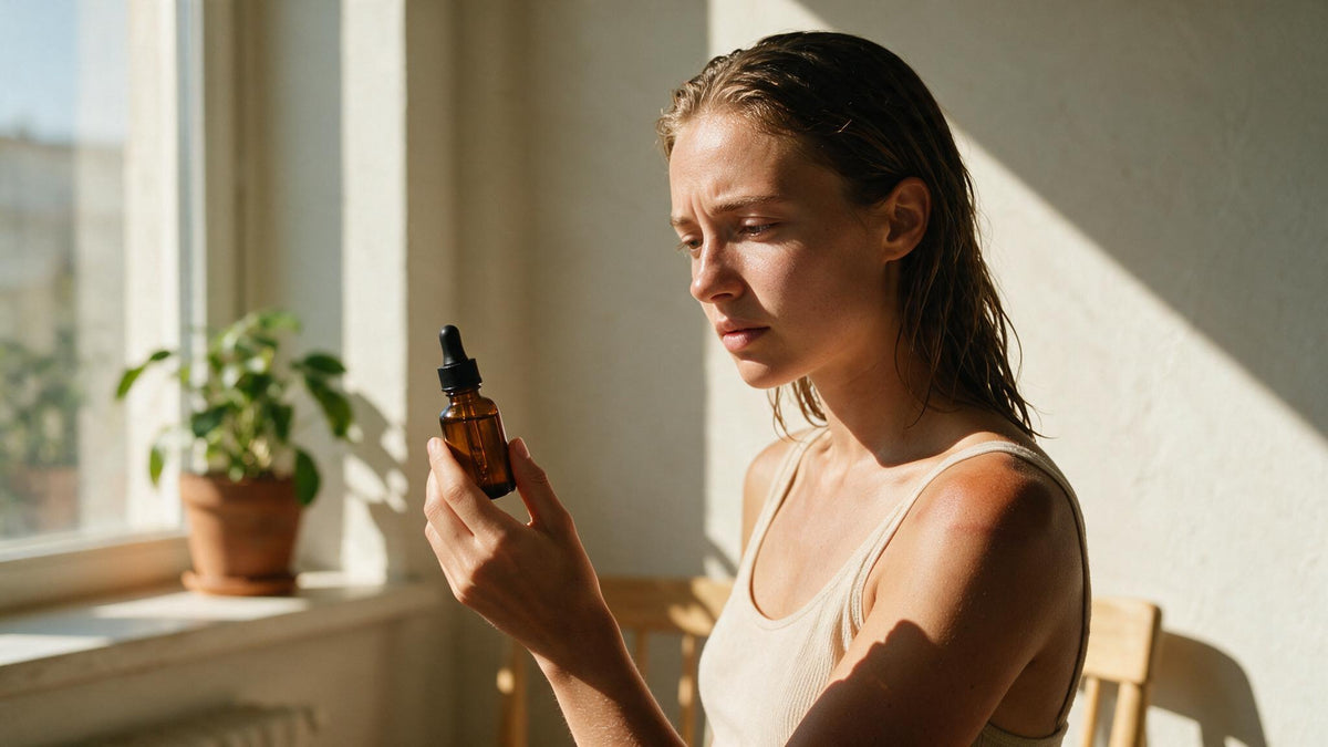 Mujer joven con la piel morena mira con dudas un frasco de sérum de retinol junto a la ventana en verano