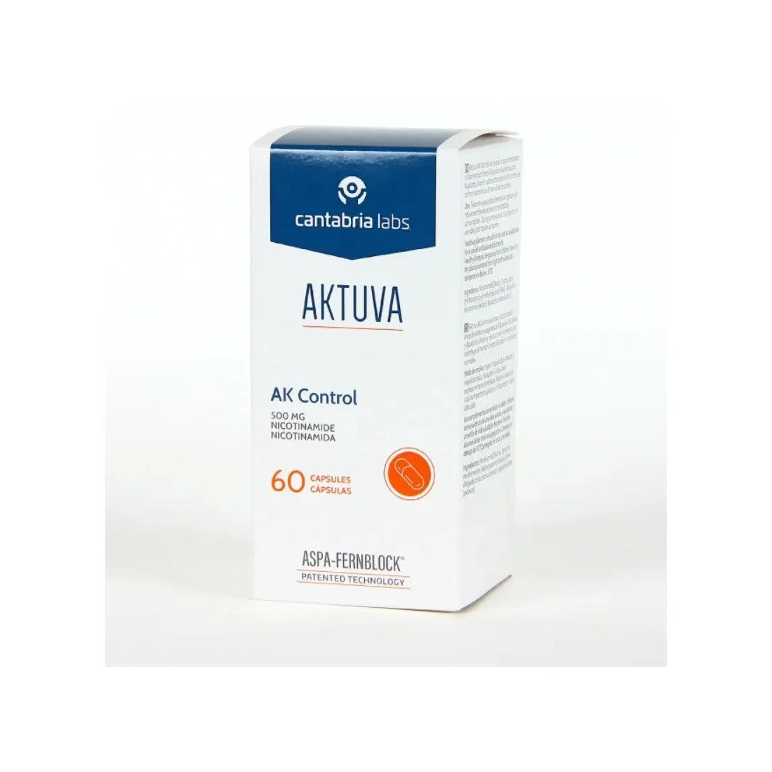 Caja de Aktuva AK Control con 60 cápsulas de nicotinamida y Aspa-Fernblock