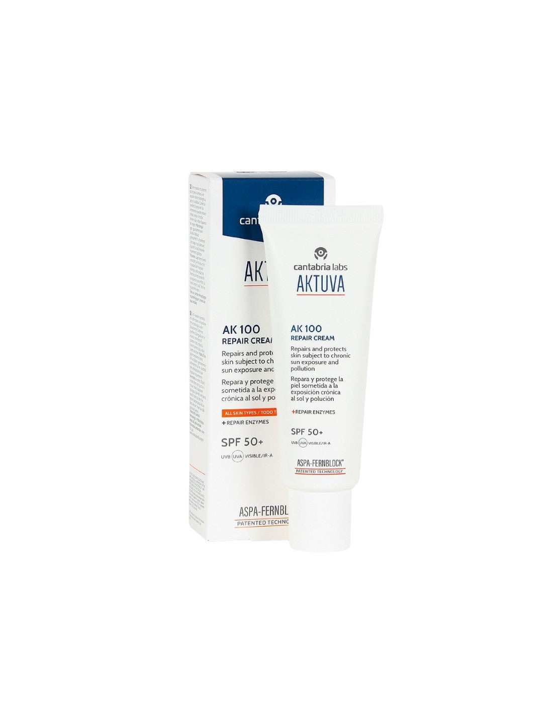 Estuche y tubo de Aktuva AK100 Repair Cream SPF 50+ de 50 ml