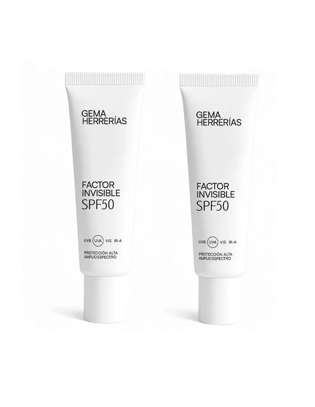 Los dos tubos de 45 ml del duplo Factor Invisible SPF 50 de Gema Herrerías