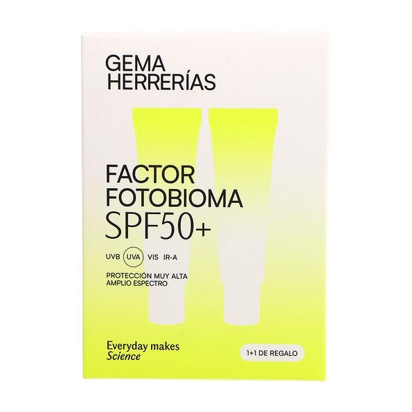 Estuche del duplo GH Gema Herrerías Factor Fotobioma SPF 50+ con dos unidades de 50 ml y 1+1 de regalo