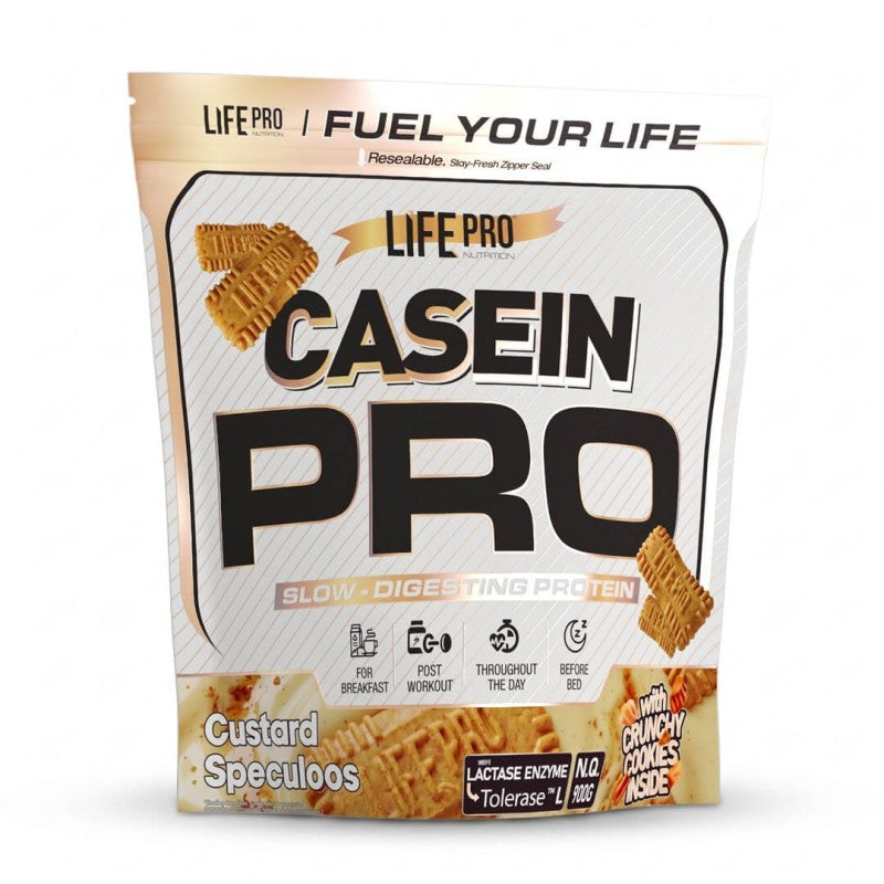 Bolsa de Life Pro Casein Pro de 900 g sabor natillas y speculoos, con trozos de galleta