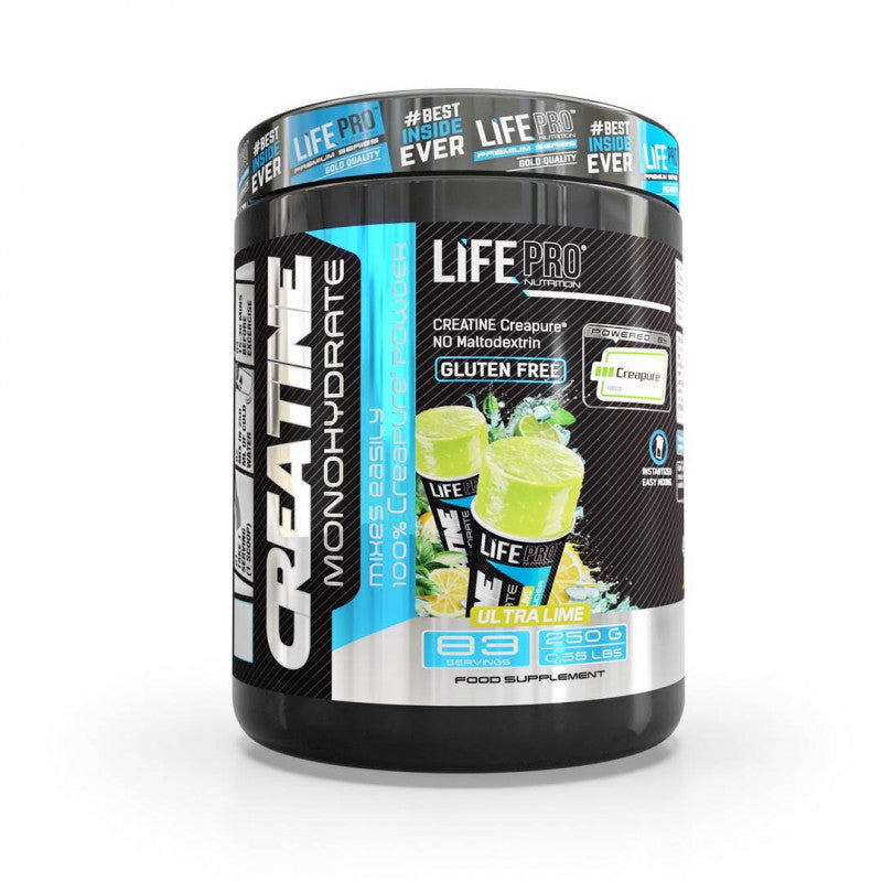 Bote de Life Pro Creatine Monohydrate Creapure de 250 g sabor Ultra Lime, 83 tomas