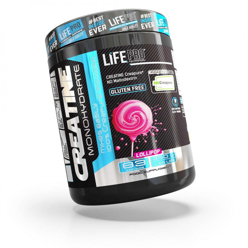 Bote de creatina Creapure Life Pro de 250 g sabor Lollipop visto en perspectiva