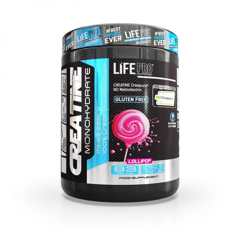 Bote de Life Pro Creatine Monohydrate Creapure de 250 g sabor Lollipop, 83 tomas