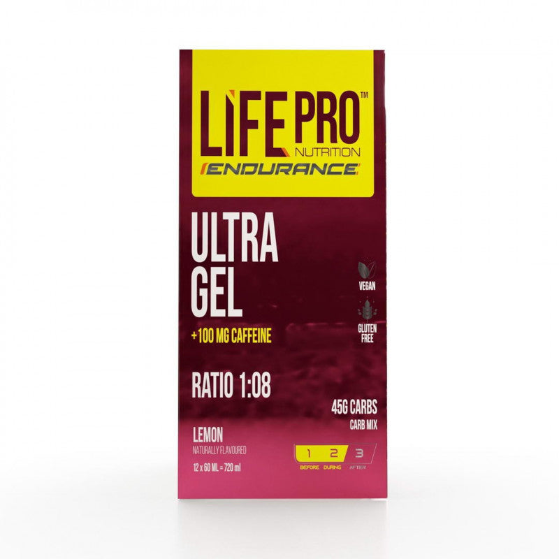 Sobre de Life Pro Endurance Ultra Gel sabor limón, con 100 mg de cafeína y 45 g de carbohidratos