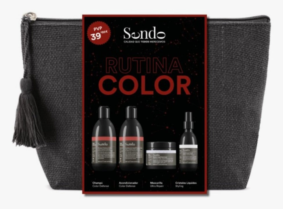 Pack Sendo Rutina Color Defense con neceser gris, champú, acondicionador, mascarilla y cristales líquidos