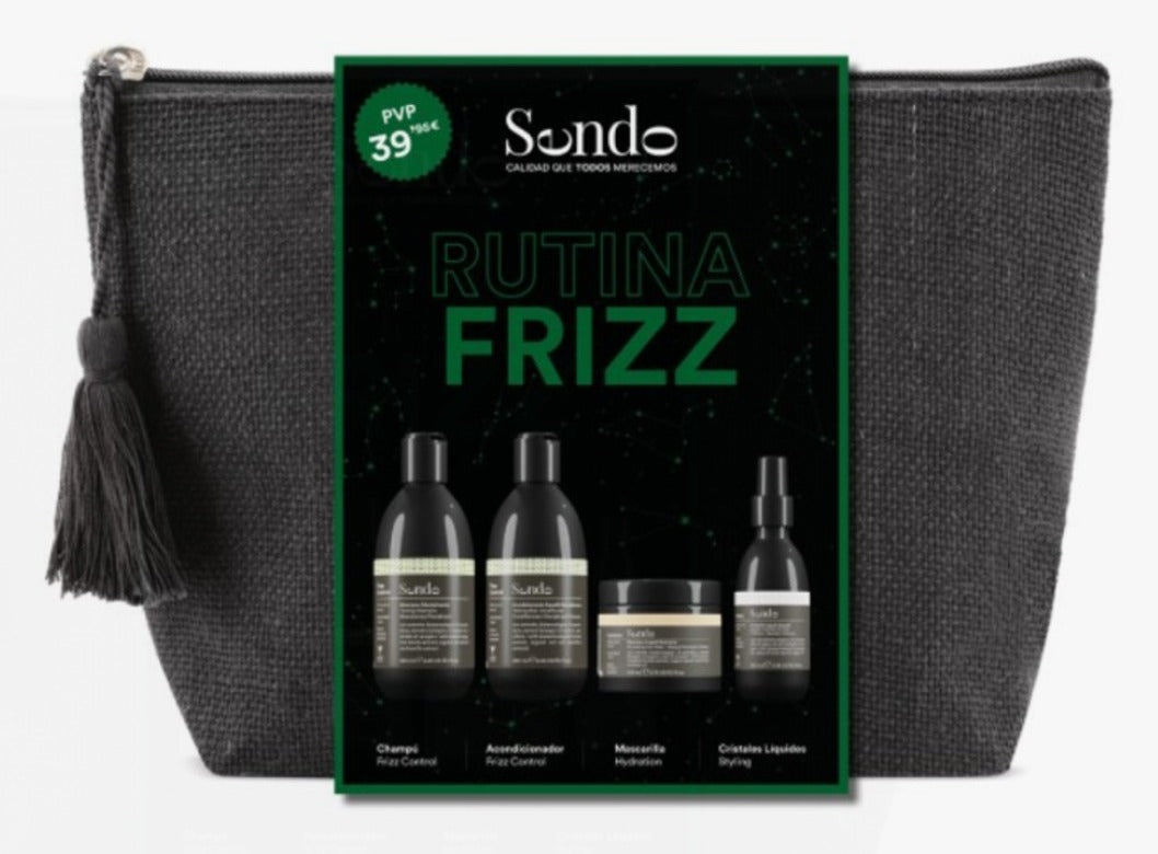 Pack Sendo Rutina Frizz con neceser gris, champú, acondicionador, mascarilla y cristales líquidos